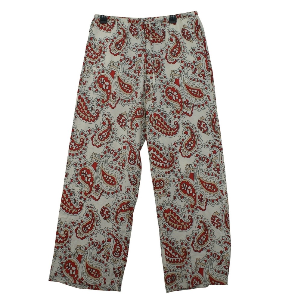 HM Womens Red Cream Paisley Wide Leg Drawstring Pants Viscose Blend Size M Boho